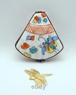 New French Limoges Trinket Box Gorgeous Floral Dragonfly Fan Removable Dragonfly