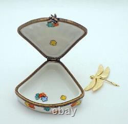 New French Limoges Trinket Box Gorgeous Floral Dragonfly Fan Removable Dragonfly