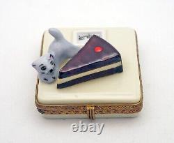 New French Limoges Trinket Box Gray Cat on Scale w Chocolate Cherry Cake Slice