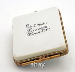 New French Limoges Trinket Box Gray Cat on Scale w Chocolate Cherry Cake Slice