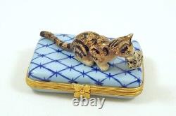 New French Limoges Trinket Box Gray Cat with Cute Kitten on Blue Geometric Box