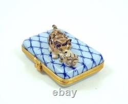 New French Limoges Trinket Box Gray Cat with Cute Kitten on Blue Geometric Box