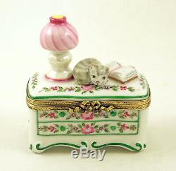 New French Limoges Trinket Box Gray Tabby Cat On Chest With Roses Lamp & Book