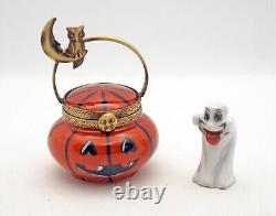 New French Limoges Trinket Box Halloween Jack'o'Lantern Pumpkin Basket w Ghost