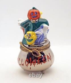 New French Limoges Trinket Box Halloween Jack'o'Lantern Pumpkin Ghost Cauldron