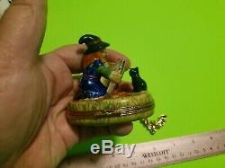 New French Limoges Trinket Box Halloween Witch W Black Cat & Magic Spells Book
