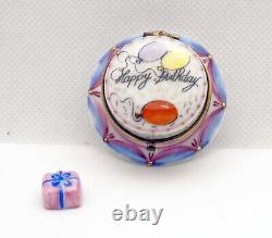 New French Limoges Trinket Box Happy Birthday Cake on Platter with Balloons