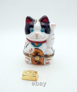 New French Limoges Trinket Box Japanese Happy Cat Lucky Maneki-Neko with Gold Bar