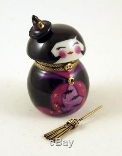 New French Limoges Trinket Box Japanese Kokeshi Doll Cute Witch In Hat W Broom