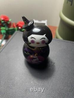 New French Limoges Trinket Box Japanese Kokeshi Doll Halloween Witch Remov Broom