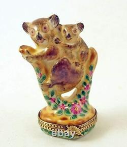 New French Limoges Trinket Box Koala with Cute Baby on Floral Tree Branch