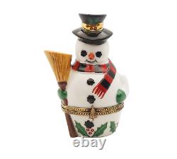 New French Limoges Trinket Box Large Snowman with Broom in Hat and Scarf 4 H