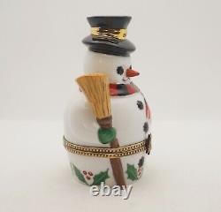 New French Limoges Trinket Box Large Snowman with Broom in Hat and Scarf 4 H