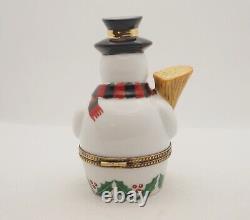 New French Limoges Trinket Box Large Snowman with Broom in Hat and Scarf 4 H