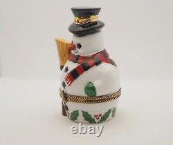 New French Limoges Trinket Box Large Snowman with Broom in Hat and Scarf 4 H