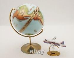 New French Limoges Trinket Box Moving Blue World Globe with Removable Airplane