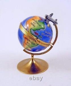 New French Limoges Trinket Box Pacific Blue World Globe with Removable Airplane