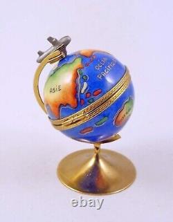 New French Limoges Trinket Box Pacific Blue World Globe with Removable Airplane