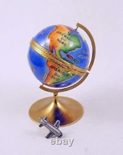 New French Limoges Trinket Box Pacific Blue World Globe with Removable Airplane