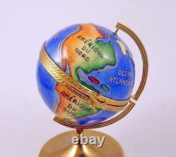 New French Limoges Trinket Box Pacific Blue World Globe with Removable Airplane