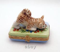 New French Limoges Trinket Box Playful Tiger Striped Cat in Colorful Garden