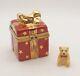 New French Limoges Trinket Box Red Christmas Gift Box With Gold Bow & Teddy Bear