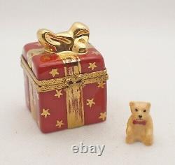 New French Limoges Trinket Box Red Christmas Gift Box with Gold Bow & Teddy Bear