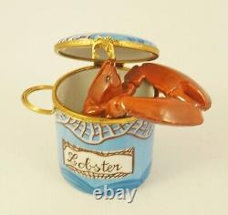 New French Limoges Trinket Box Red Lobster in Lobster Pot with Blue Fishing Net