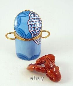 New French Limoges Trinket Box Red Lobster in Lobster Pot with Blue Fishing Net