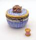 New French Limoges Trinket Box Sewing Basket W Cute Kitty Cat & Pool Of Thread