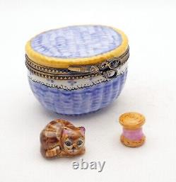 New French Limoges Trinket Box Sewing Basket w Cute Kitty Cat & Pool of Thread