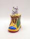 New French Limoges Trinket Box Smiling Gray Kitty Cat Kittens In Colorful Boot