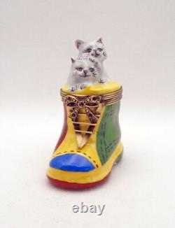New French Limoges Trinket Box Smiling Gray Kitty Cat Kittens in Colorful Boot