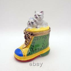 New French Limoges Trinket Box Smiling Gray Kitty Cat Kittens in Colorful Boot