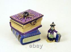 New French Limoges Trinket Box Spooky Halloween Books w Spider & Removable Witch