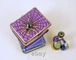 New French Limoges Trinket Box Spooky Halloween Books w Spider & Removable Witch