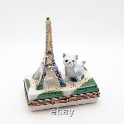 New French Limoges Trinket Box Tiger Striped Cat at Paris Eiffel Tower Monument
