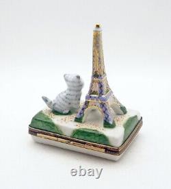 New French Limoges Trinket Box Tiger Striped Cat at Paris Eiffel Tower Monument