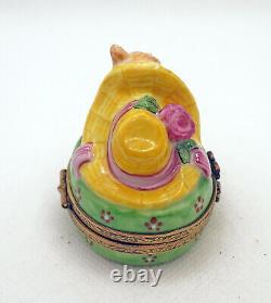 New French Limoges Trinket Box Tiger Striped Kitty Cat under Amazing Hat w Rose