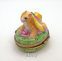 New French Limoges Trinket Box Tiger Striped Kitty Cat under Amazing Hat w Rose