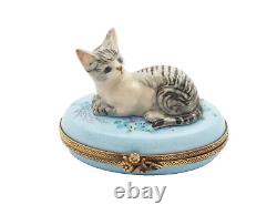 New French Limoges Trinket Box Tiger Striped Tabby Kitty Cat on Blue Floral Box