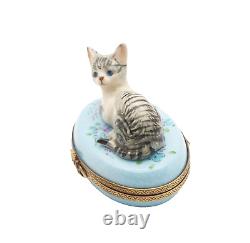 New French Limoges Trinket Box Tiger Striped Tabby Kitty Cat on Blue Floral Box