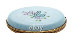 New French Limoges Trinket Box Tiger Striped Tabby Kitty Cat on Blue Floral Box