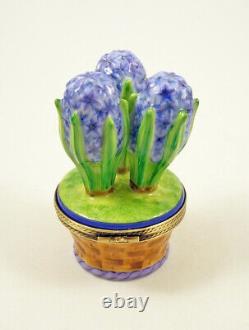 New French Limoges Trinket Box Valentine's Blue Hyacinth Spring Potted Flowers