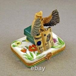 New French Limoges Trinket Box Wise Owl with Horoscope Books in Colorful Garden