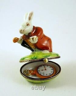 New Hand Painted French Limoges Trinket Box Alice in Wonderland Rabbit with Clock