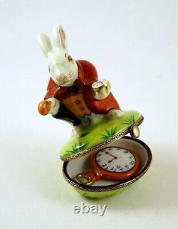 New Hand Painted French Limoges Trinket Box Alice in Wonderland Rabbit with Clock