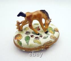 New Hand Painted French Limoges Trinket Box Beautiful Horse on Fall Foliage Box