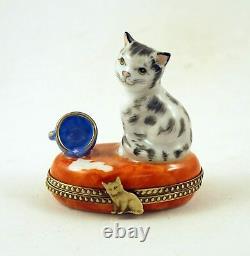 New Hand Painted French Limoges Trinket Box Gray Kitty Cat & Cup of Spilled Milk