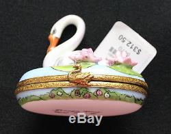 New Limoge Box Swan with Pink Flowers Peint Main